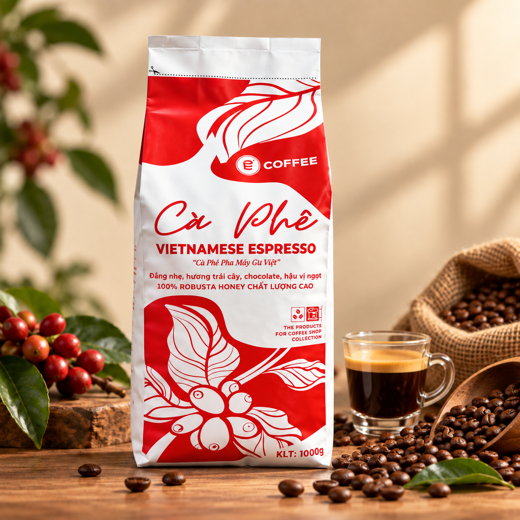 Cà phê Vietnamese Espresso E-Coffee 100% Robusta Honey rang Medium
