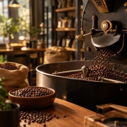 Minh họa kiểm soát hương vị cà phê ổn định giữa các mẻ rang