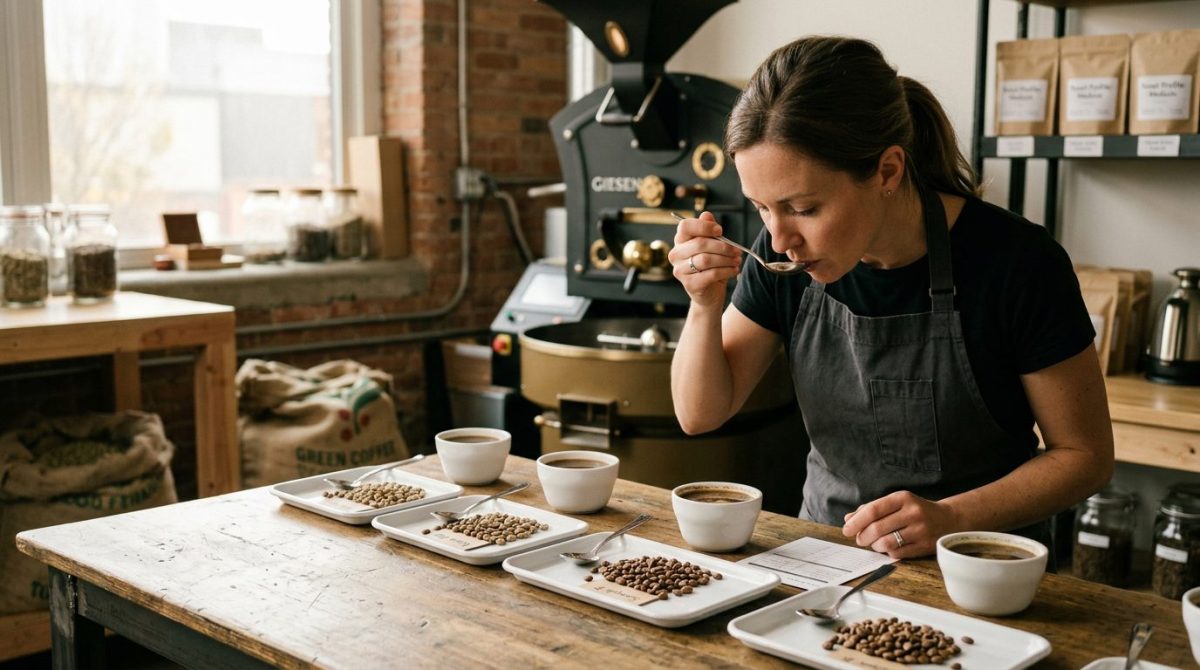Hình minh họa hoạt động cupping để so sánh mẫu cà phê cho quán
