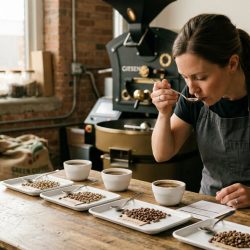 Hình minh họa hoạt động cupping để so sánh mẫu cà phê cho quán