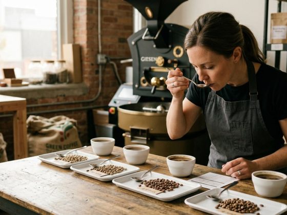 Hình minh họa hoạt động cupping để so sánh mẫu cà phê cho quán